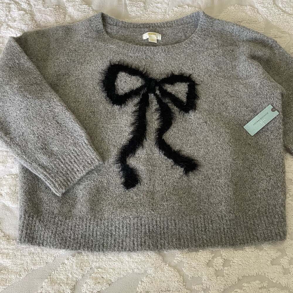 Maeve x Anthropologie Bow Icon Shimmer Sweater Gray Metallic Sparkly Size 1X